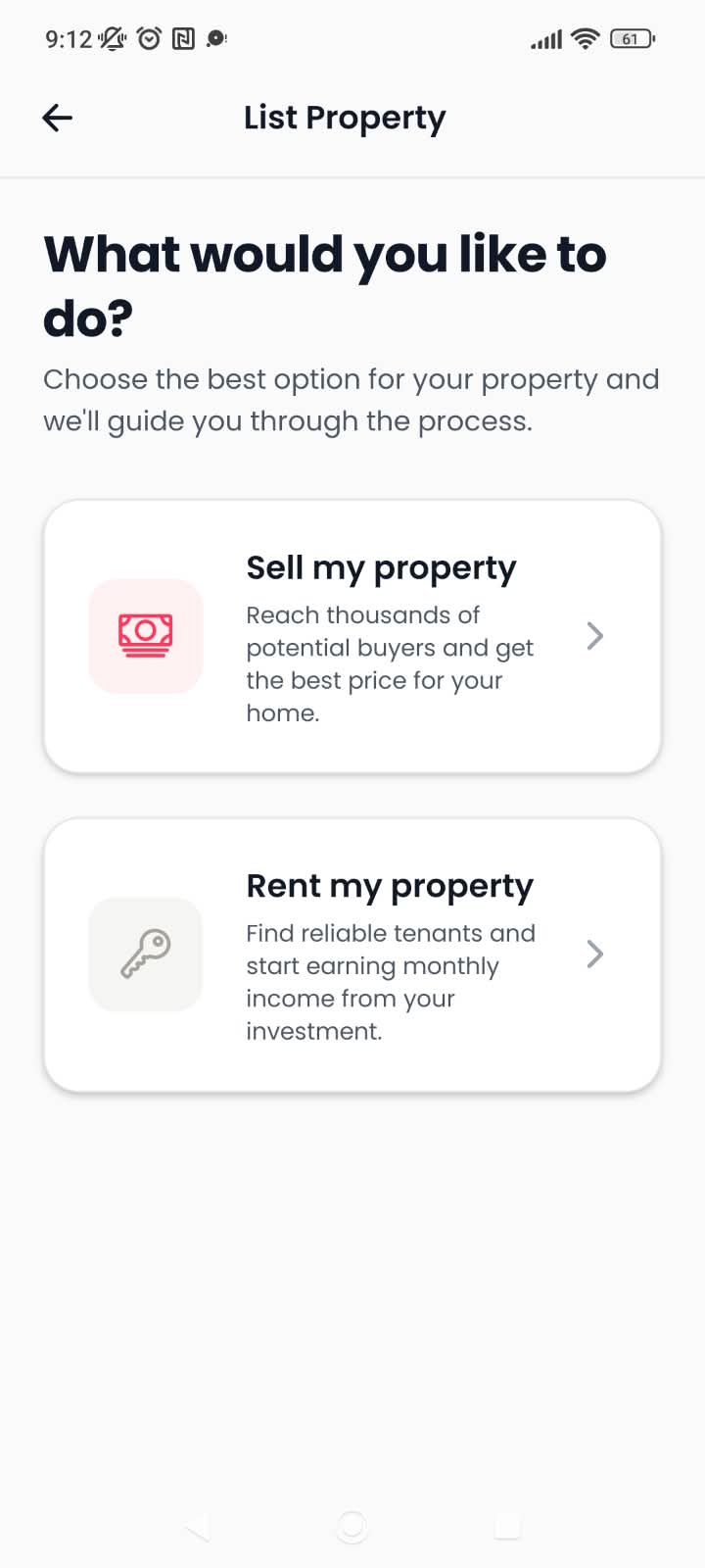 Homey asking whether a property is for sale or rent.