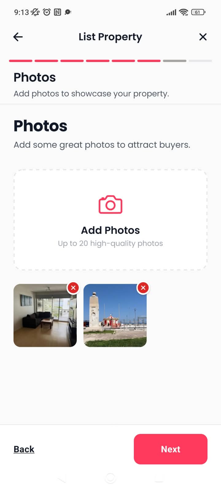 Adding property photos to a Homey listing.